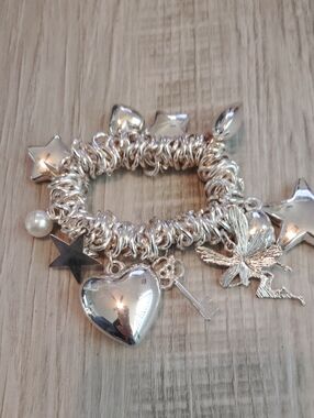 Silver Heart & Star Charm Bracelet with Pearl Accent